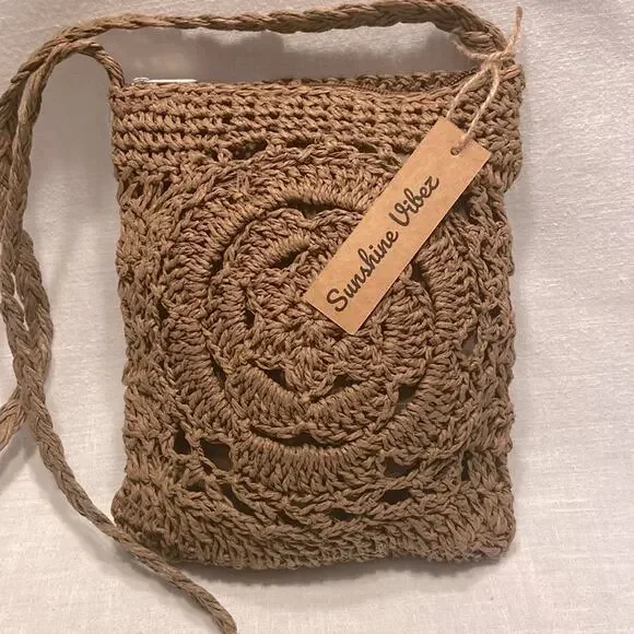 BOHO Crossbody Handbag Brown Bohemian Purse Woven Straw Sunshine Vibez - Picture 2 of 5